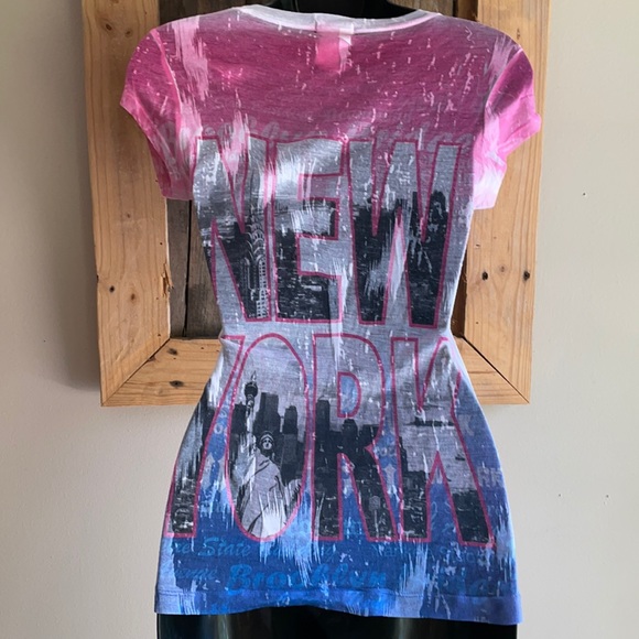 Pink white and blue New York tshirt rhinestones M - Picture 6 of 8